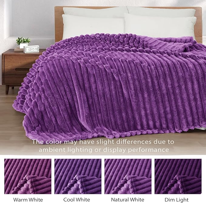 Exclusivo Mezcla Twin Size Flannel Fleece Blanket, Super Soft Striped Jacquard Bed Blanket, Lightweight Fuzzy Cozy for All Seasons, 60x80 Inches, Purple