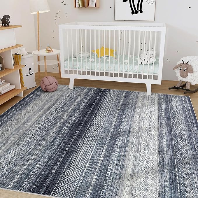 Nakagishi Area Rugs 9x12 Living Room Rug: Washable Boho Large Neutral Modern Soft Stain Resistant Indoor Floor Non-Slip Moroccan Accent Carpet for Bedroom Nursery Kid Playroom Office Dining Room- Blue