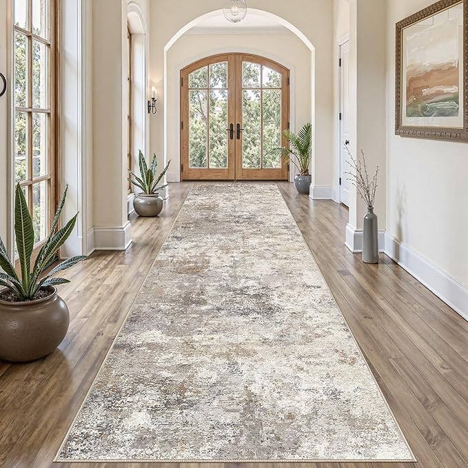 UERMEI 3X12 Washable Runner Rug for Hallway: Soft Neutral Modern Abstract Area Rug - Non-Slip Low Pile Long Throw Indoor Carpet for Kitchen Entryway Kitchen Bedroom Laundry- Brown Grey