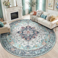 Area Rugs 8ft Washable Non-Slip, Floral Vintage Distress Print Pattern Medallion Carpet for Living Room Bedroom Dining Room, Green Navy Blue White Red Teal Colorful