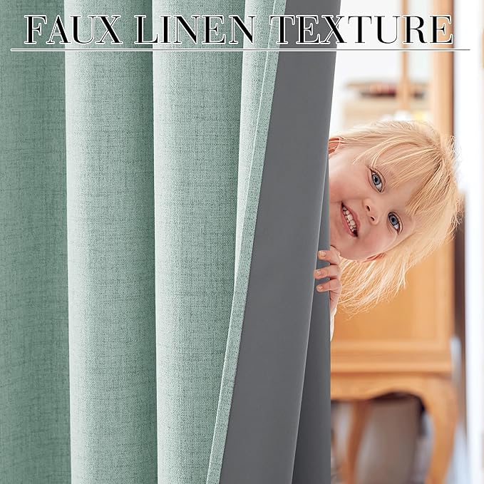 RYB HOME 100% Blackout Linen Textured Curtains 108 inches Long, Thermal Insulating Privacy Energy Saving for Bedroom Living Room Window Office Theater Baby Nursery, W 52 x L 108 in, Aqua, 2 Panels