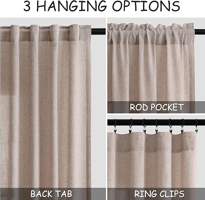 Extra Long Curtain 108 Inches Long 2 Panels Set Back Tab Oatmeal Linen Drapes for Living Room Neutral Farmhouse Light Filtering Semi Sheer Linen Curtains 108 Inch Length for Large Window 9 FT Tall