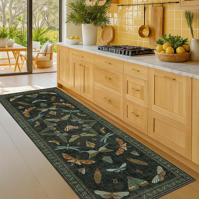 Hazo Haus Dark Green Insect 2x5 Bathroom Runner Rug - Washable Non Slip Runners for Kitchen, Laundry Room, Front Door Mat Entrance, Nature Floral Indoor Floor Décor, Thin Low Pile with Rubber Backed