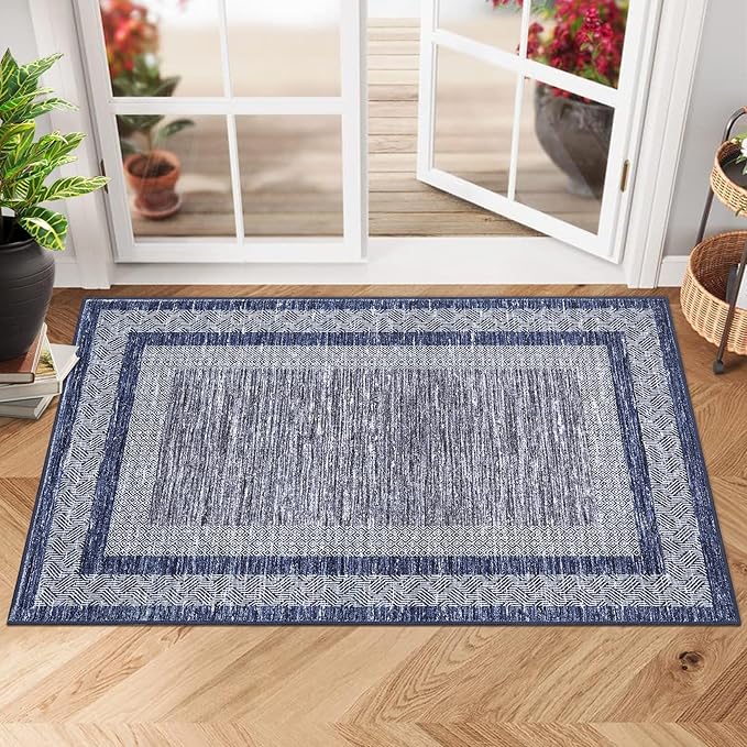 GarveeHome Modern Geometric Area Rug 2x3 Distressed Bordered Washable Non Slip Floor Small Carpet Non Shedding Thin Soft Low Pile Rug, Contemporary Navy Blue Rug for Dining Room, Living Room