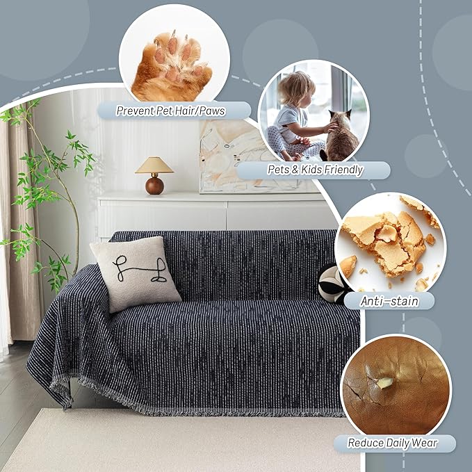 MYSKY HOME Boho Couch Cover Navy Sofa Covers with Tassel Farmhouse Sofa Slipcover Simple Couch Protector for Dogs Chenille Sectional Couch Covers L Shaped Couch Cushion Covers, 91"x 134"