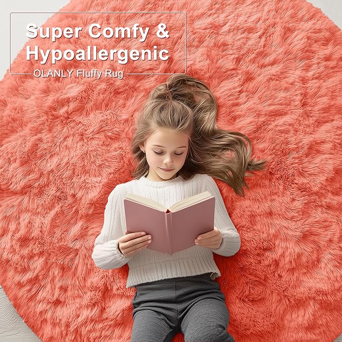OLANLY Coral Red Round Rugs for Bedroom - Machine Washable, 9 ft Circle Area Rugs for Living Room, Soft and Fluffy Shaggy Carpet for Teen Girl and Boys, Nursery Rooms, Dorms, Home Decor Aesthetic
