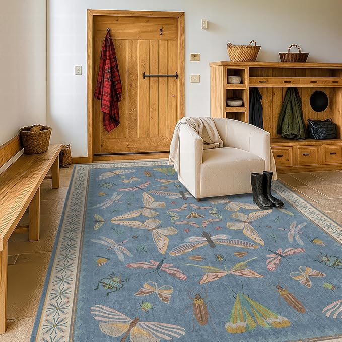 Hazo Haus 6x9 Blue Floral Rug for Dining Room Table - Area Rugs for Living Room, Bedroom, Insect Moth Art Nouveau Décor, Washable Lightweight Foldable Non Slip
