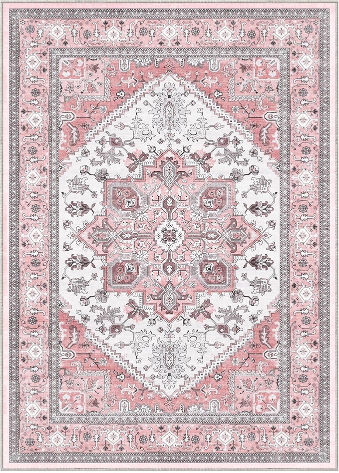 OPPODREAM Soft Area Rugs 4x6, Low-Pile Washable Rugs 4x6 with Non Slip Backing, Faux Cashmere 4 x 6 Throw Carpet, Pink & Cream