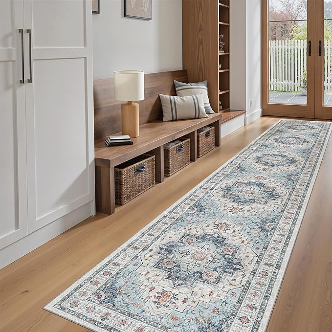 Madane Runner Rugs for Hallway 2x10 Long Washable Non-Slip Hallway Runner Rug Low-Pile Stair Kitchen Runner Throw Carpet for Entrance Living Dining Laundry Room (Blue, 2 x 10)
