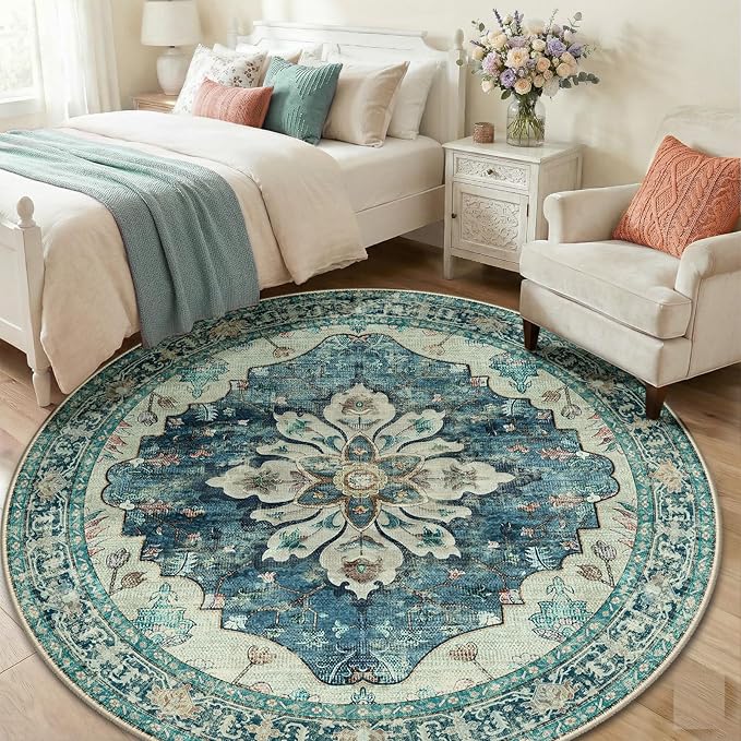 RELEANY Area Rugs 6ft Washable Non-Slip, Floral Vintage Distress Print Pattern Medallion Carpet for Living Room Bedroom Dining Room, Dark Blue Vintage