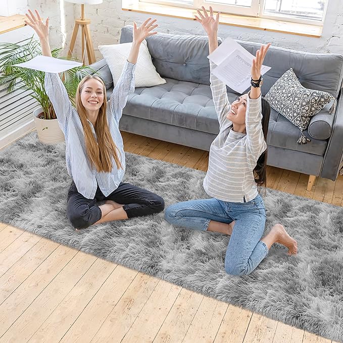 Super Soft Fluffy Living Room Area Rug 2x10 ft Tie-Dyed Light Grey Shaggy Furry Carpet Washable Non-Slip Floor Rugs Bedroom Bedside Nursery Rug Fuzzy Boys Girls Dorm Home Decor Aesthetic