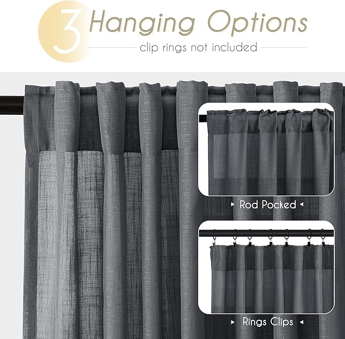 Dark Gray Curtains for Living Room Back Tab Modern Farmhouse Semi Sheer Gray Curtains 63 inches Long 2 Panels Set Muted Neutral Window Curtain for Dining Room Bedroom 52x63