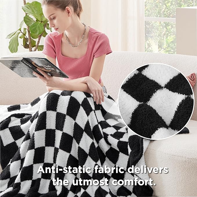 Bedsure GentleSoft Cozy Soft Throw Blanket, Black Checkered Fluffy Blankets, Lightweight Warm Knit All Season Throw Blankets for Couch Bed Sofa, Travel, Birthday Gifts for Women, Men, 50x60 Inches
