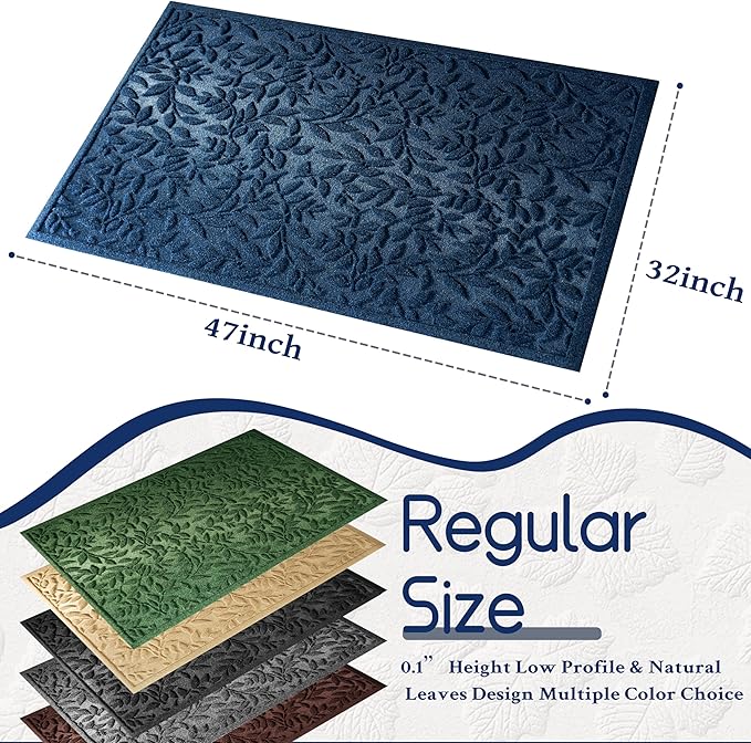 Blue Leaves Outdoor Indoor Entrance Door mat, Absorbent Durable Heavy Duty Welcome Front Door Mat,Thick Natural Rubber Back,Easy Clean Entryway Mat 47x32 Inch, Low Profile
