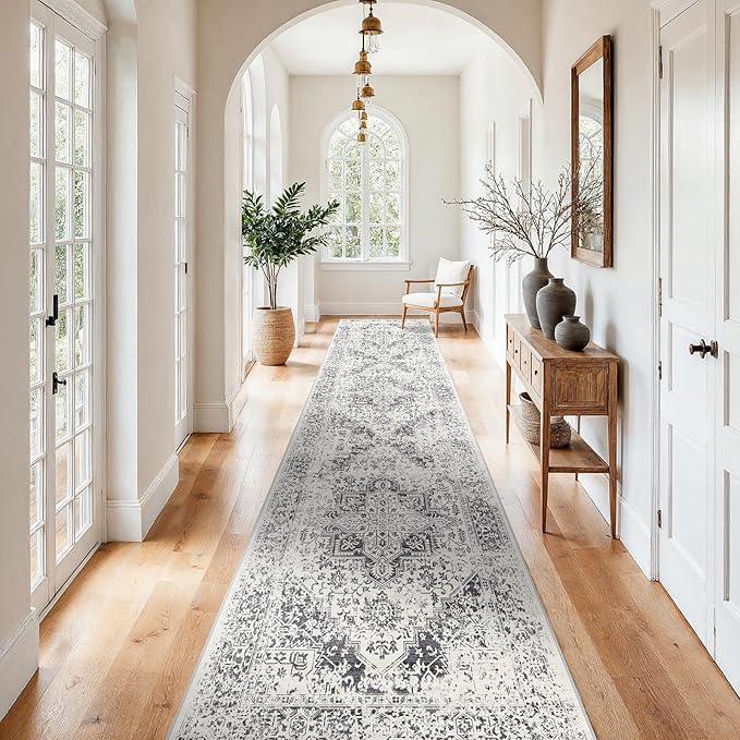 3x15 Washable Hallway Runner Rug - Vintage Kitchen Runners Low Pile Carpet Soft Thin Floor Runner with Rubber Backing for Entryway Living Room Home Decor (Distessed Grey)