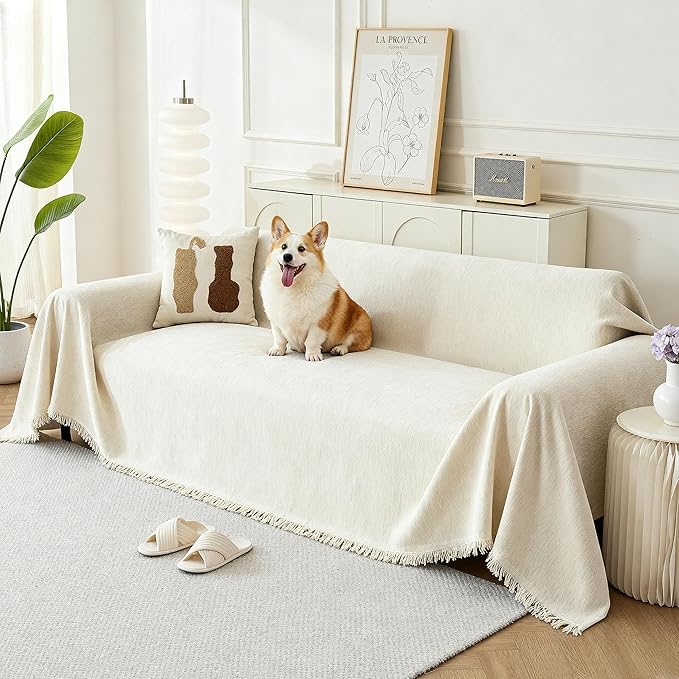 Couch Cover for Dogs, Boho Sofa Covers for 3 Cushion Couch, Chenille Sofa Slipcover for Pets Washable, L-Shape Sectional Couch Cover Soft Throw Blankets with Tassels(91x118,Cream)
