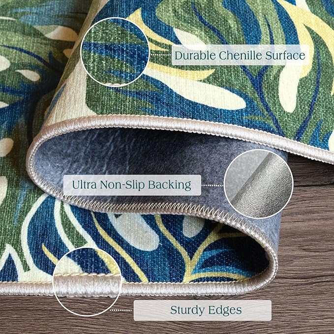 Front Door Mat Indoor Entrance - 2x4.3 Ft Spring Washable Layered Doormat Outdoor Entrance Porch Rug Non-Slip Botanical Green Blue Leaf Runner Rug for Kitchen Bedroom Laundry Room Porch Decor