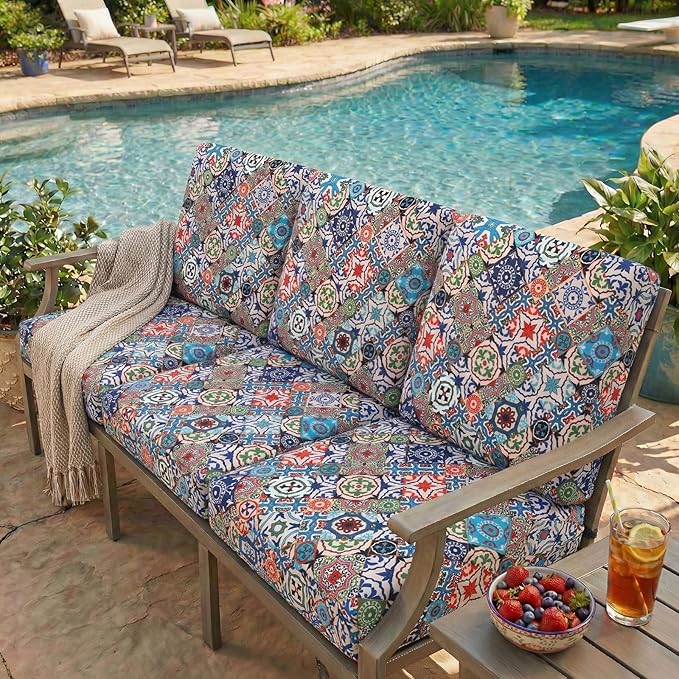 hyha Printed Couch Cushion Covers, Floral Sofa Covers Washable for 2 Cushion Couch, Stretch Pattern Outdoor Cushion Covers for Patio Furniture with Elastic Bottom(2 Packs, Patchwork Moroccan)
