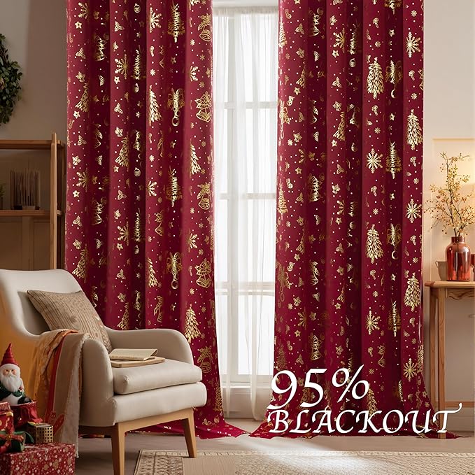 NICETOWN 2 Panels Christmas Red Curtains 52 x 84 Inch, Gold Foil Printed Rod Pocket Drapes, Xmas Theme Window Treatment for Holiday Home Decor, Set of 2 Christmas Style Curtain Panels