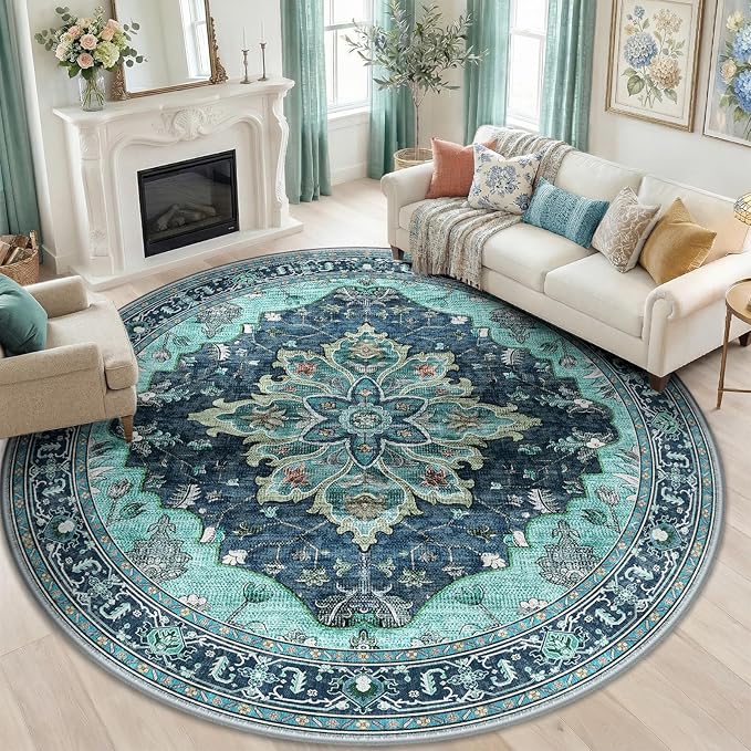 RELEANY Area Rugs 8ft Washable Non-Slip, Floral Vintage Distress Print Pattern Medallion Carpet for Living Room Bedroom Dining Room, Teal Green Lake Blue Turquoise