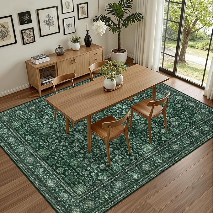 Area Rugs 10x12 Living Room Rug: Washable Rug Soft Vintage Distressed Floral Carpet Indoor Non-Slip Stain Resistant Large Carpets for Bedroom Dining Room Farmhouse Nursery Home Office Deep Green