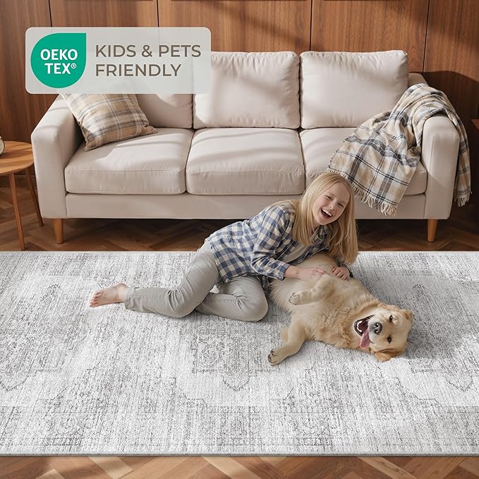 2x6 Runner Rug Non Slip for Entryway, Washable Runners for Kitchen, Soft Thin Hallway Rug for Bedroom, Laundry, Small Stain Resistant Indoor Door Mat(2'x6', Light Grey/White)