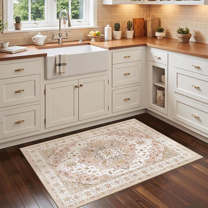 Madane Washable Area Rug 2x3, Small Entryway Rug Non-Slip Vintage Door Mat Indoor Entrance, Low Pile Floor Carpet for Inside Front Door Bedroom Kitchen Entry Laundry (2'x3', Pink)