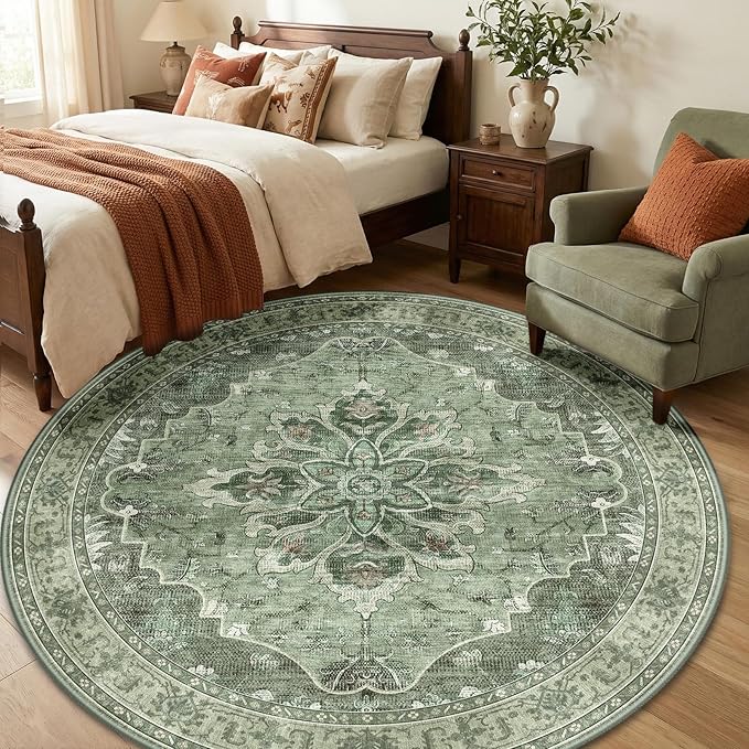 RELEANY Area Rugs 6ft Washable Non-Slip, Floral Vintage Distress Print Pattern Medallion Carpet for Living Room Bedroom Dining Room, Dark Green Gray