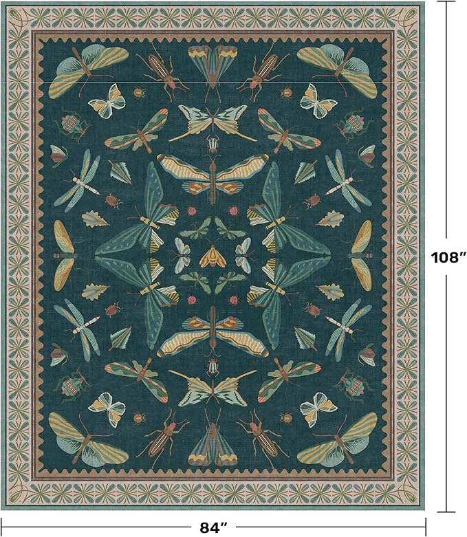 Insect Boho 7X9 Washable Living Room Rug - Bugs, Butterfly, Bees,Soft Area Rugs for Bedroom, Dining Room Under Table, Home Office with Butterfly Design, Stain Resistant Carpet (Green)
