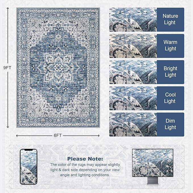 6x9 Area Rugs Living Room Rug: Washable Vintage Boho Medallion Rug No Slip Stain Resistant Soft Carpet Indoor Floor Large Carpets for Bedroom Dining Room Farmhouse Nursery Hallway Home Office Blue