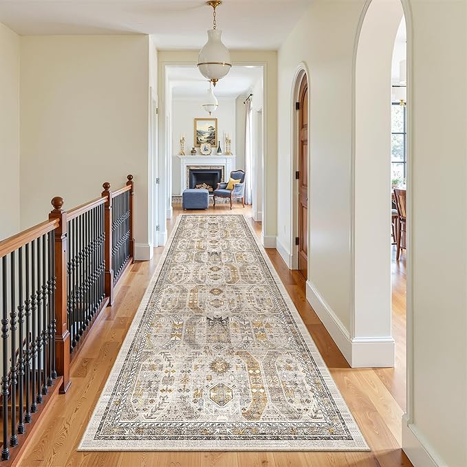 Madane 3x12 Hallway Runner Rug - Non Slip Washable 12ft Runner for Hallways Soft Vintage Kitchen Rugs Low-Pile Carpet Runner for Entryway Bathroom Thin Floor Mat for Bedroom Dining Room, Brown/Gold