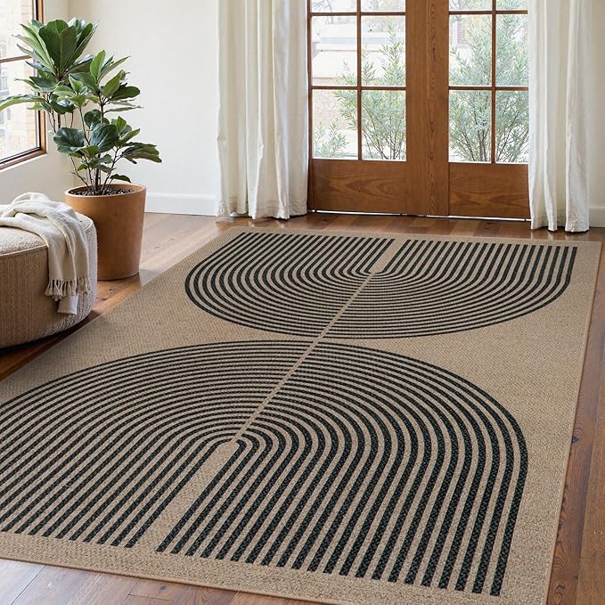 Lahome Modern Rainbow Easy Jute Rug, Washable Rugs 5x7 for Living Room Bedroom Black Farmhouse Indoor Outdoor Patio Carpet, Contemporary Natural Throw Mat Non Slip Carpet for Office RV