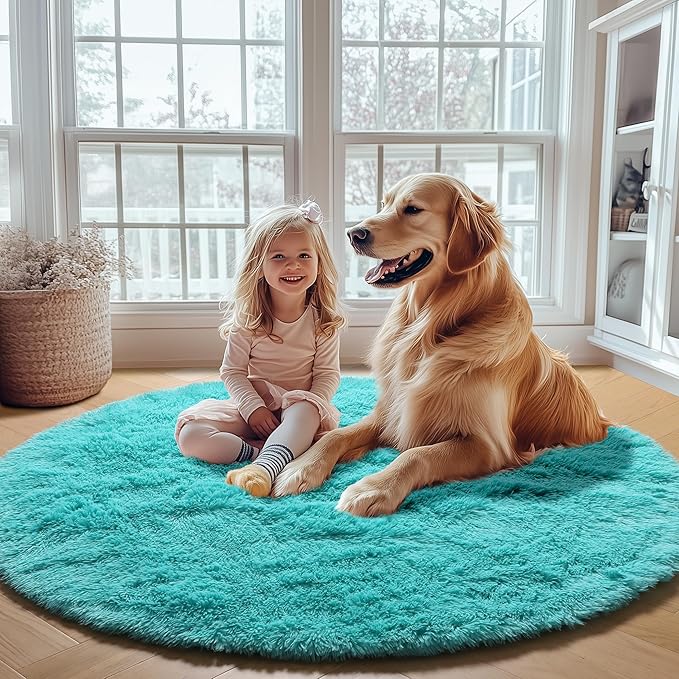 ONASAR Teal Blue Round Area Rug 4ft, Soft Fluffy Bedroom Bedside Floor Circle Rugs for Kids Girls Boys Teen Room, Cute Fuzzy Furry Plush Shaggy Carpet for Nursery Living Room Playroom Dorm Home Decor