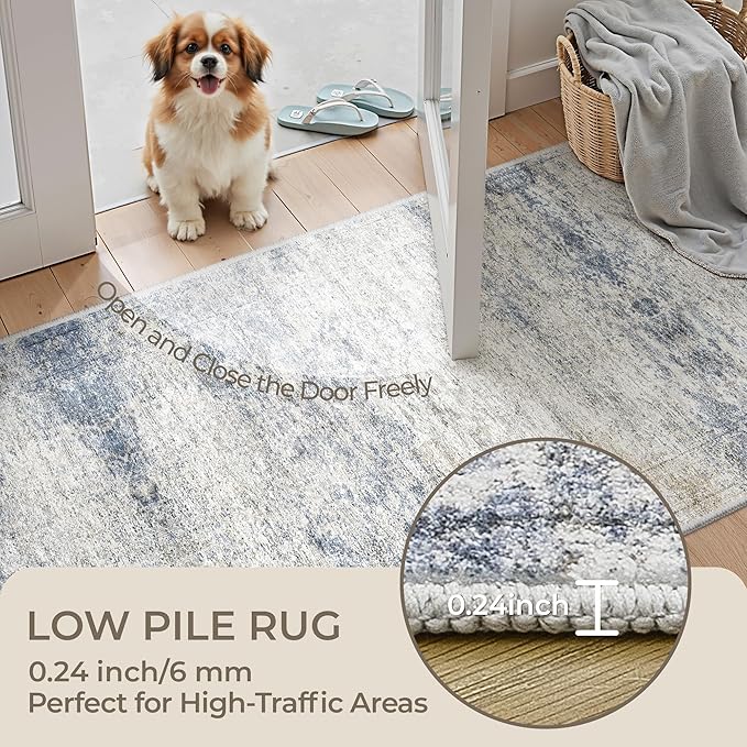 Washable Runner Rugs for Bedroom - 2x6 Runner Rug Non Slip, Ultra-Thin Entryway Runner, Soft Abstract Kitchen Runner for Hallway, Laundry, Indoor Door Mat(2'x6', Blue/Brown/Ivory)