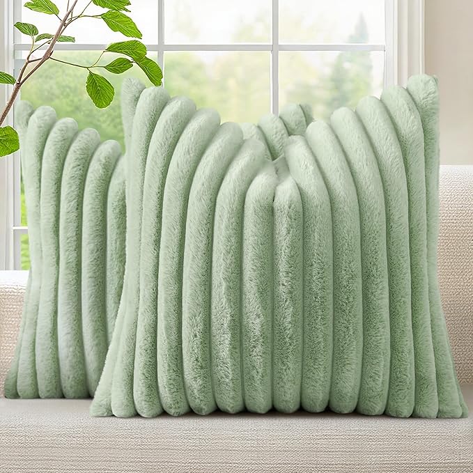 decorUhome Summer Cozy Faux Fur Throw Pillow Covers 24x24 Set of 2 Decorative Plush Striped Modern Farmhouse Boho Couch Euro Sham Pillow Cases with Velvet Back for Sofa Bed Living Room, Sage Green