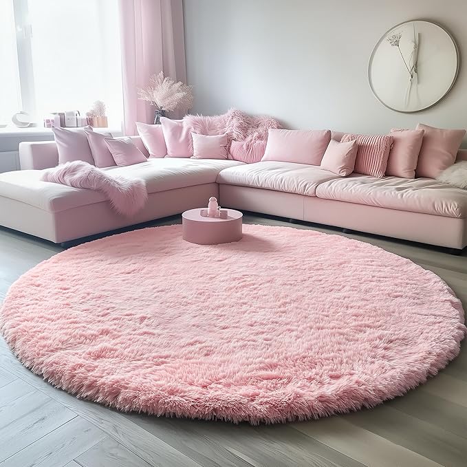 ONASAR Light Pink Round Area Rugs 5ft for Bedroom Living Room, Fluffy Circle Rug for Kids Girls Boys Teen, Soft Plush Shaggy Carpet for Nursery Dorm Classroom Playroom Home Decor Aesthetic