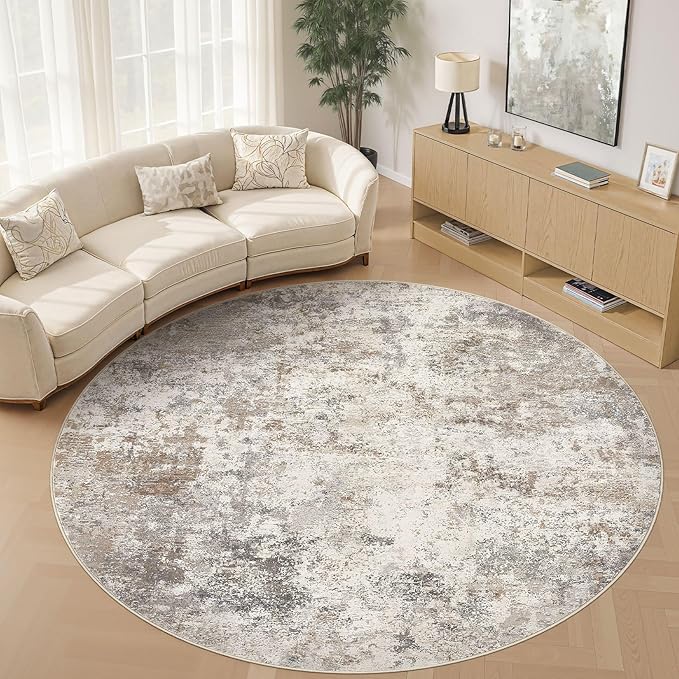UERMEI 10ft Round Area Rug Living Room Rugs - 10x10 Washable Large Neutral Modern Abstract Soft Thin Rug Indoor Floor No Slip Rug Carpet for Bedroom Under Dining Table Home Office Decor - Brown Grey
