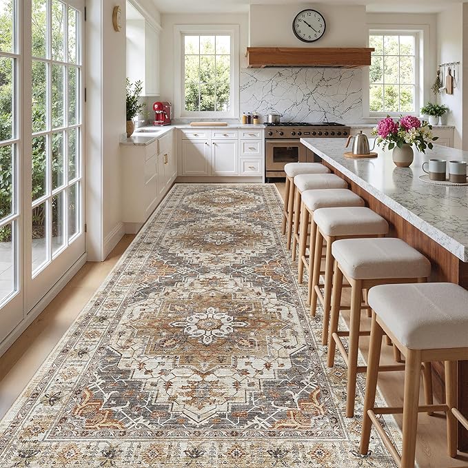 Madane 4x12 Wide Hallway Runners: Washable 12ft Runner Rug for Entryway Living Room Soft Vintage Non Slip Carpet Runner for Kitchen Dining Room Nursery Bedroom Thin Area Rug (Turmeric/Grey, 4x12ft)