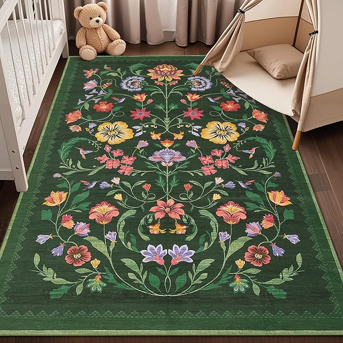 Washable Rug 5x7 Area Rugs for Living Room, Protea Floral Rug for Bedroom, Soft Boho Non Slip Throw Rugs with Rubber Back, Low Pile Stain Resistant Vintage Floral Carpet for Dining Room, Forest Green
