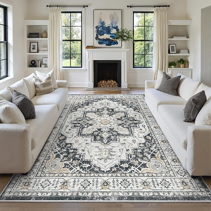 zesthome Area Rug 8x10,Ultra-Thin Washable Rugs for Living Room, Non-Slip Backing Area Rugs,Small Entryway Rug,Vintage Medallion Pattern Rugs (Black,8'x10')