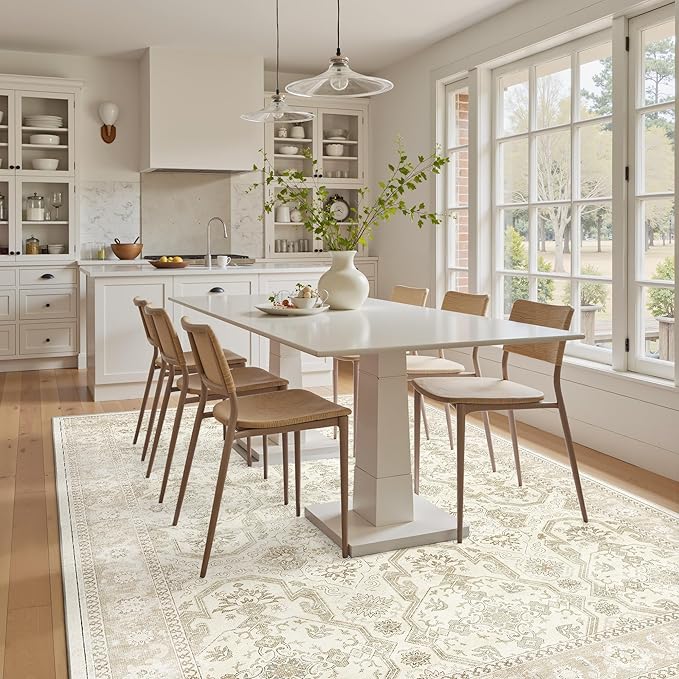Area Rug 6x9, Washable Rugs, Stain Resistant Gray Area Rugs for Living Room Bedroom Dining Room, Vintage Farmhouse Rug Beige