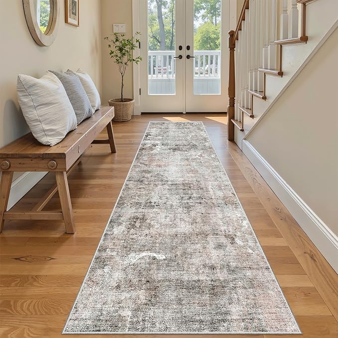 Washable Runner Rug, 2'6" x 8' Non-Slip Kitchen Vintage Foldable 2.5x8ft Hallway Runners for Entryway, Laundry, Bedroom, Pink/Grey