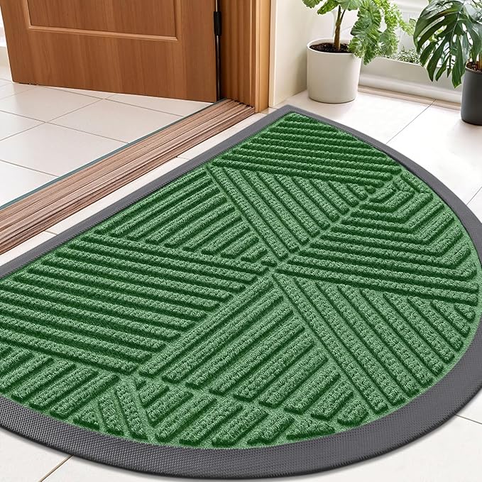 Smiry Half Circle Front Door Mat Outside Entrance, Heavy Duty Sturdy Natural Rubber Doormat, Trap Dirt and Moisture, Low Profile Mats for Indoor Outdoor Entry, Irregular Triangle (35x23, Green)