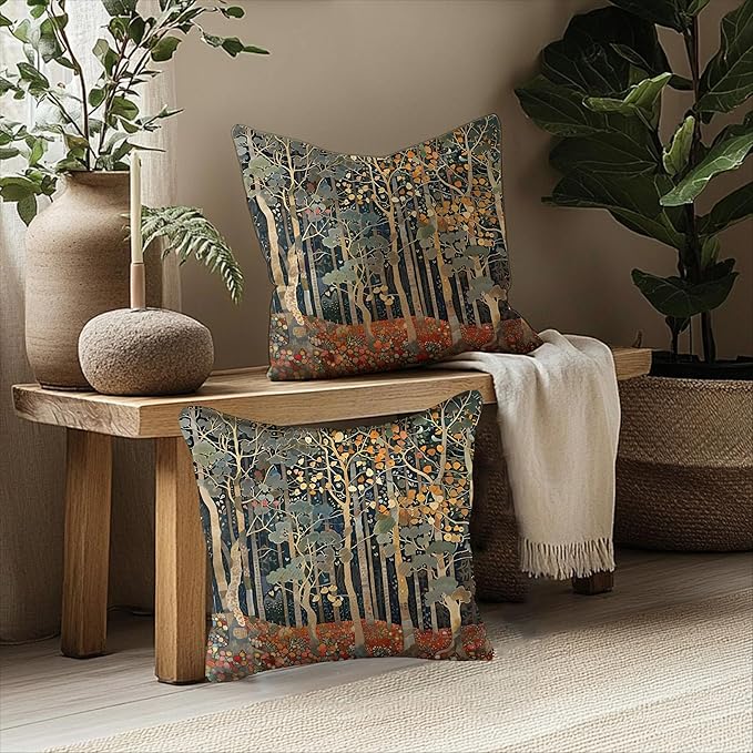 Rustic Autumn Forest Pillow Covers 18x18 Set of 2, Fall Home Room Decor, Vintage Botanical Nature William Morris Inspired Decorative Throw Pillow Covers for Home Bedroom Living Room