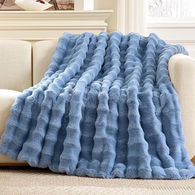 Cozy Bliss Faux Fur Bubble Throw for Couch, Fuzzy Soft Plush Thick Blanket for Sofa Bedroom Living Room, 60x80 Inches Misty Blue