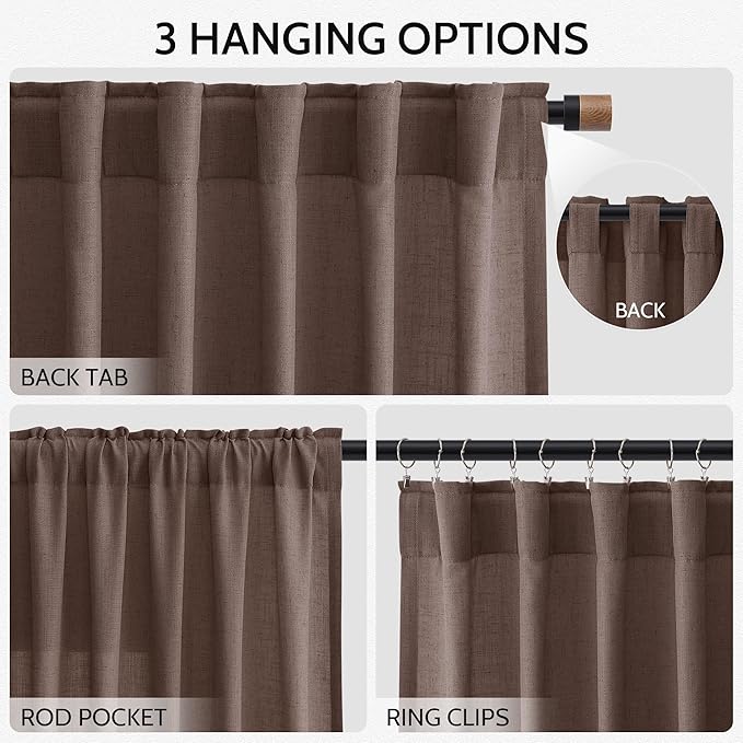 Cappuccino Curtains 108 Inches Long, Back Tab Linen Blend Light Filtering Semi Sheer Privacy Drapes for Living Room & Bedroom, 52x108 inch, 2 Panels