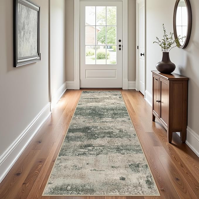 BEIMO Runner Rug for Hallway Kitchen, 2'6"x8' Machine Washable Runners Rug for Entryway, Soft Modern Abstract Throw Rugs, Low Pile Floor Cover with Non Slip Backing, Grey/Dark Green