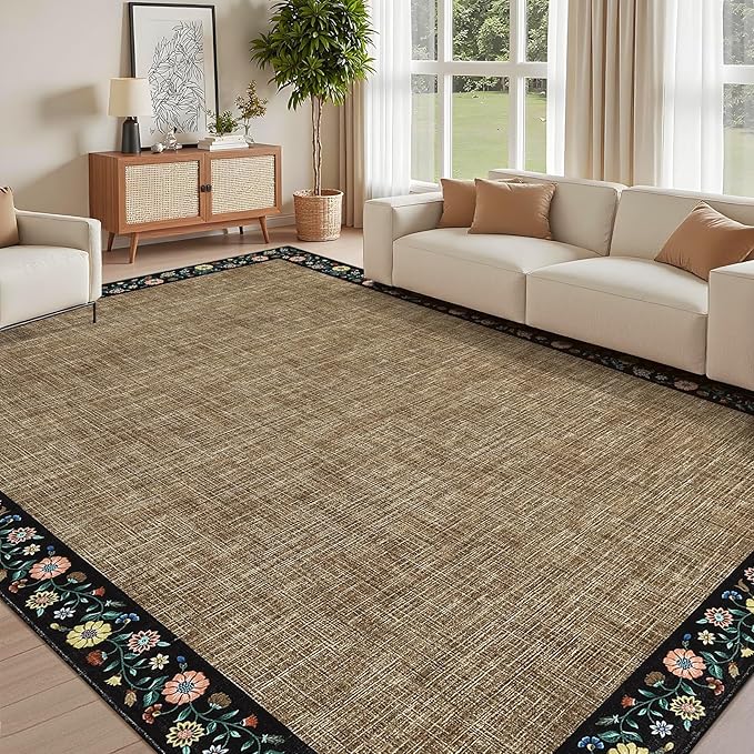 GarveeHome Washable Living Room Rug 9x12 Floral Bordered Area Rugs Soft Thin Indoor Carpet for Bedroom Modern Throw Aesthetic Mat Non Slip Stain Resistant Carpet for Dining Room Office, Brown
