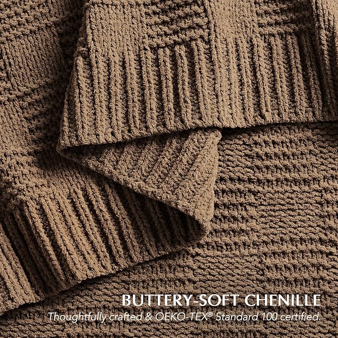 EVERGRACEHOME Modern Checkered Chenille Throw Blanket, Soft Cozy Plaid Knitted Chair Blanket for Sofa Couch, Decorative Knit Throw for Bed and Living Room, Camel Brown, 50" x 60"