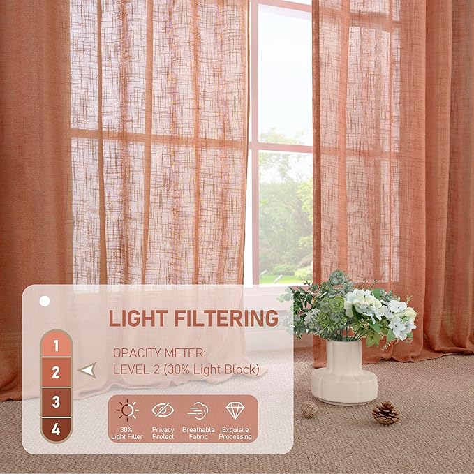 LAMIT 63 Inch Semi Sheer Linen Curtains, Light Filtering Panels Back Tab and Rod Pocket Fall Decor Drapes for Bedroom/Living Room, Terracotta, 2 Panels, 34 x 63 Inch